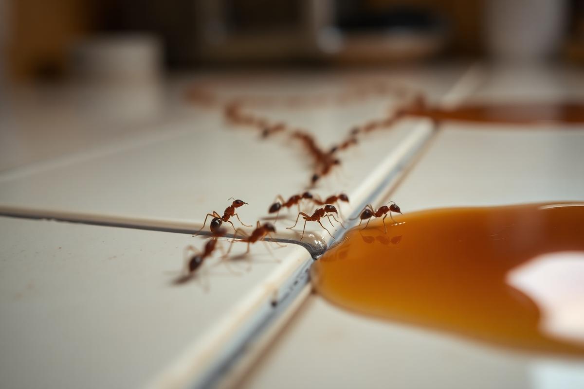 Trail of small Argentine ants on a kitchen surface