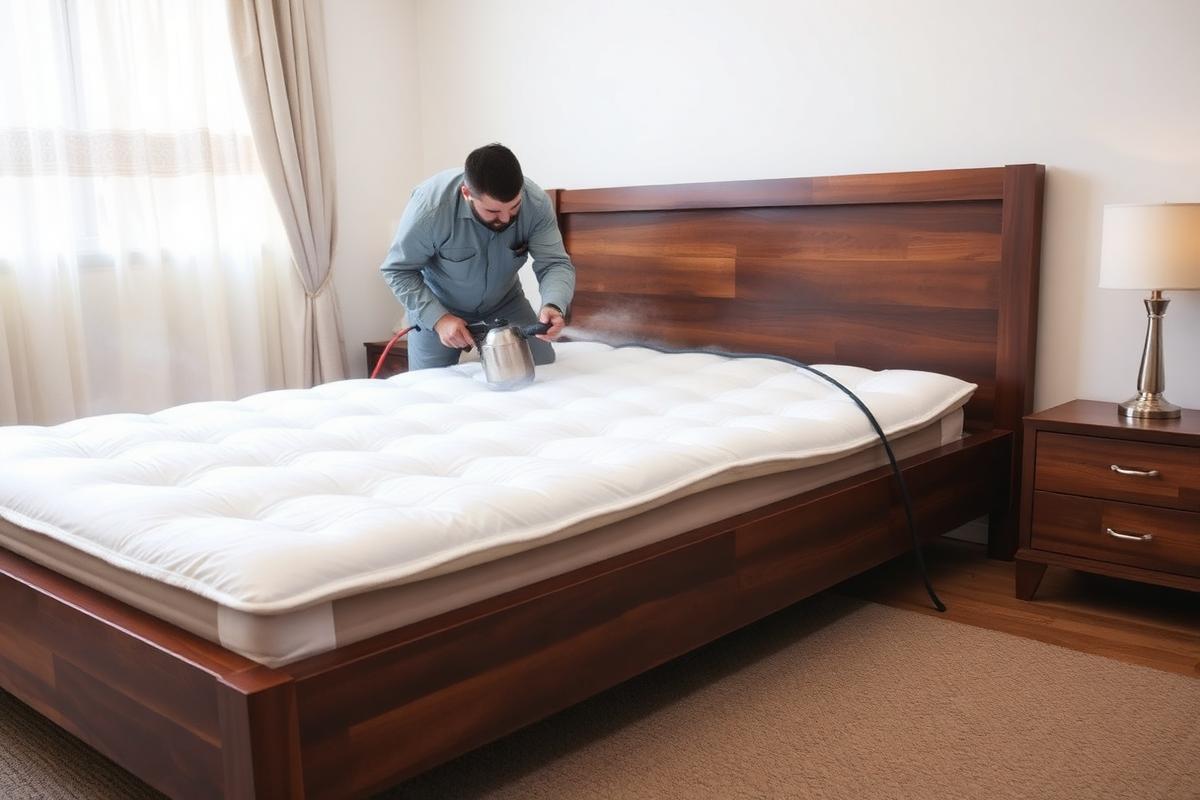 Technician steam-treating a mattress and bed frame for bed bugs
