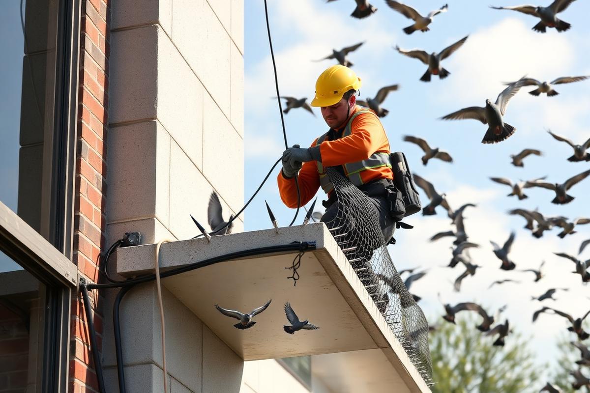 Technician installing bird spikes and netting on a commercial building ledge