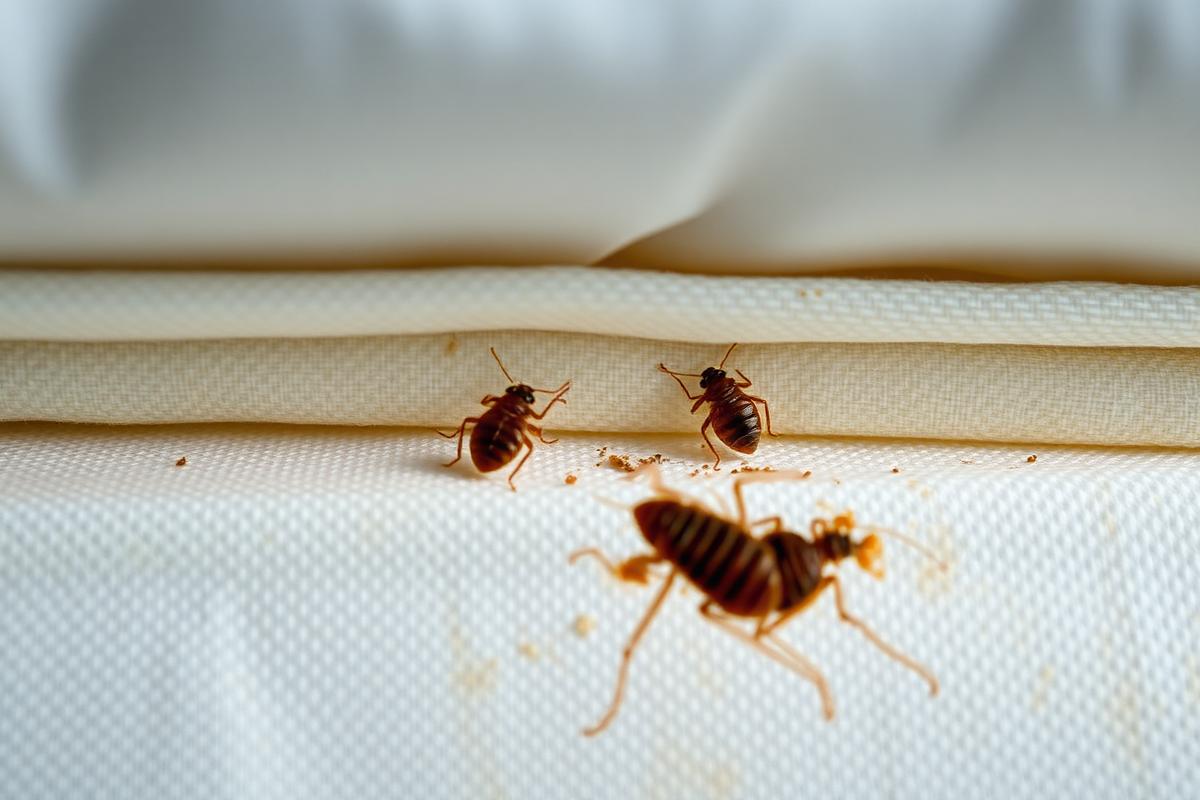 Detail of a mattress seam where bed bugs typically hide