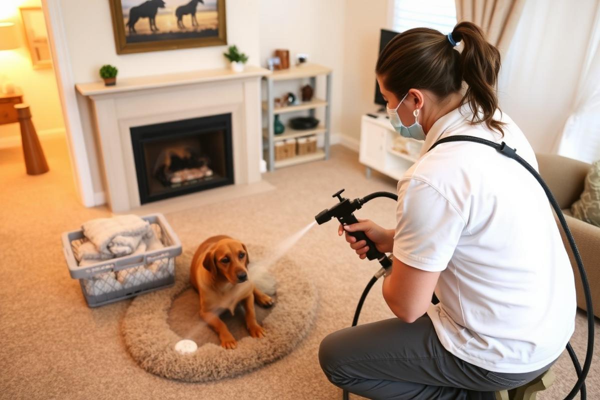 Technician treating carpets and pet bedding for fleas and ticks