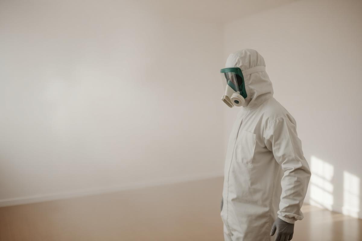 Fumigation technician in protective gear fogging an empty room