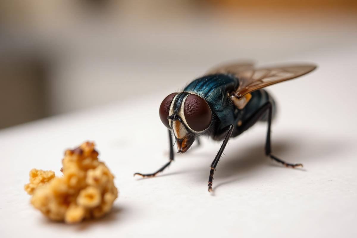 A house fly resting on a kitchen surface