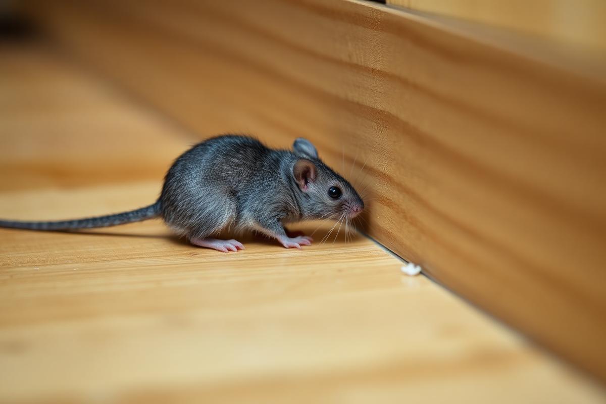 A small grey house mouse on a wooden floor