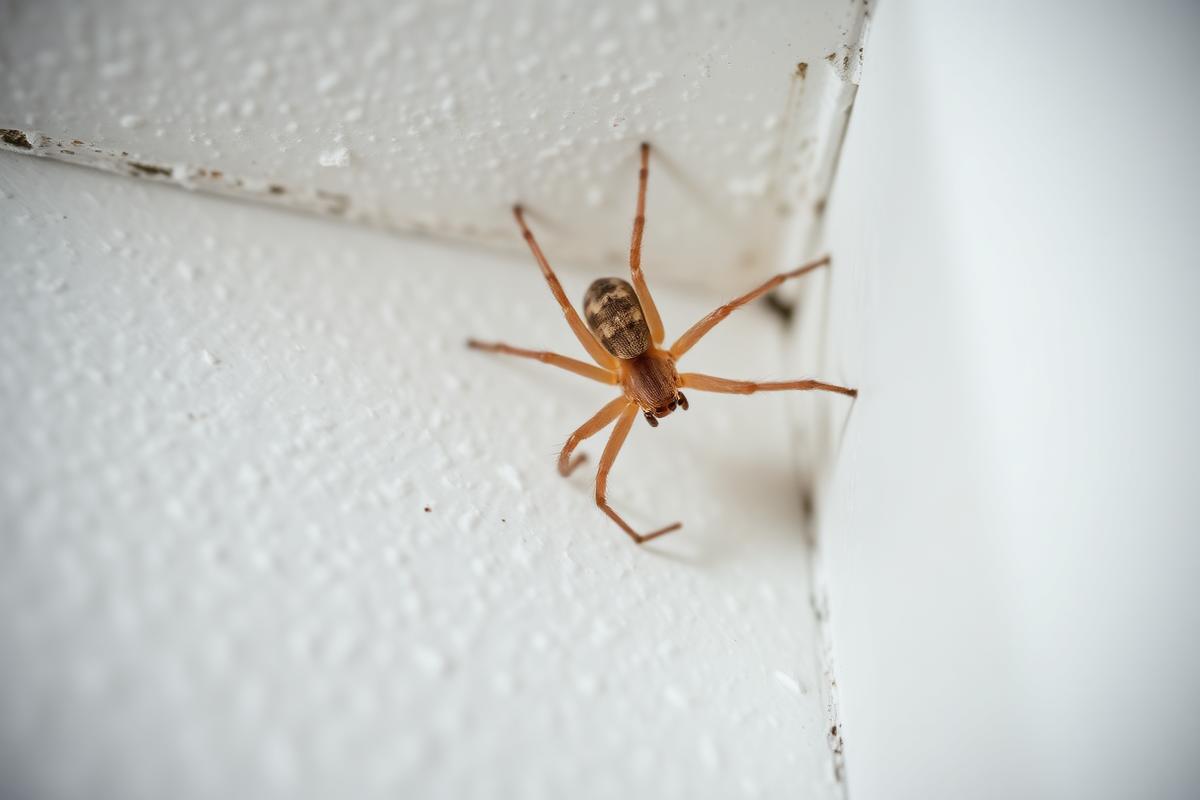 A small house spider on a textured wall