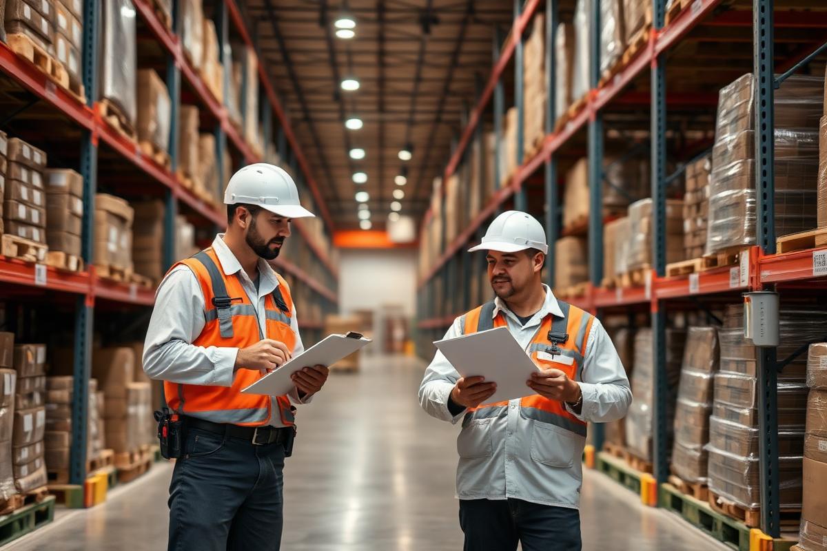 Pest control technicians auditing bait stations in a warehouse