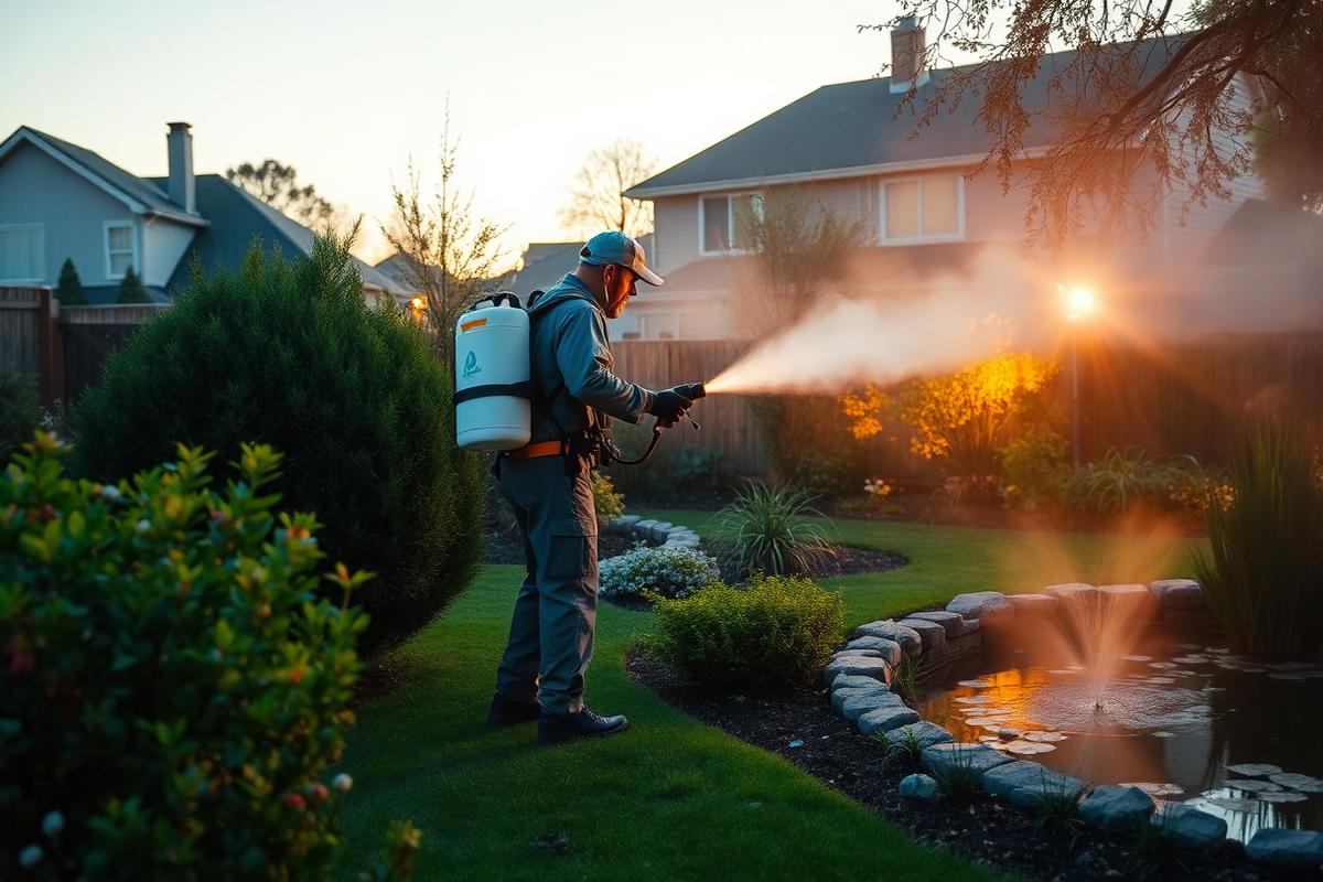 Technician fogging garden shrubs at dusk for mosquito control