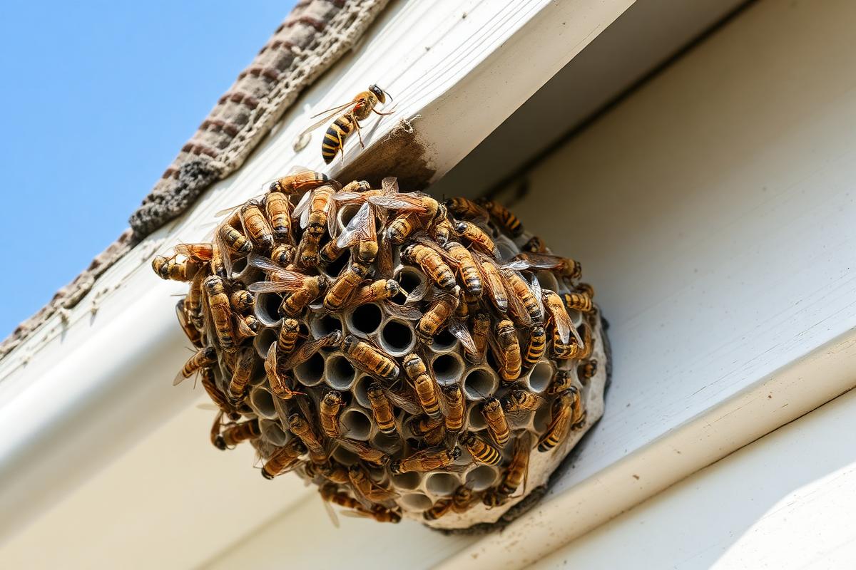 Paper wasps clustered on an open paper comb nest