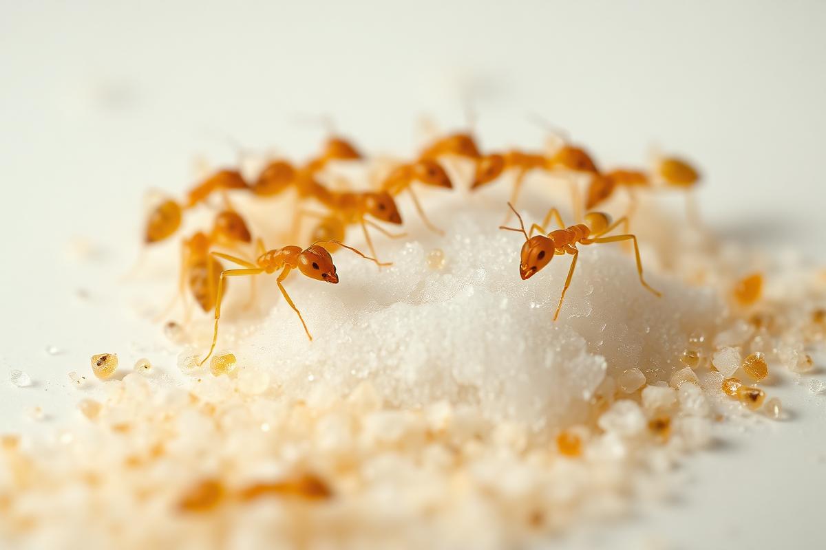 Tiny pharaoh ants clustered on a sugar grain
