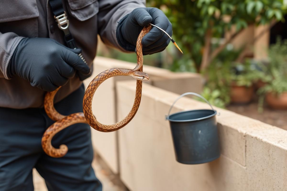 Professional snake handler safely relocating a snake from a suburban garden