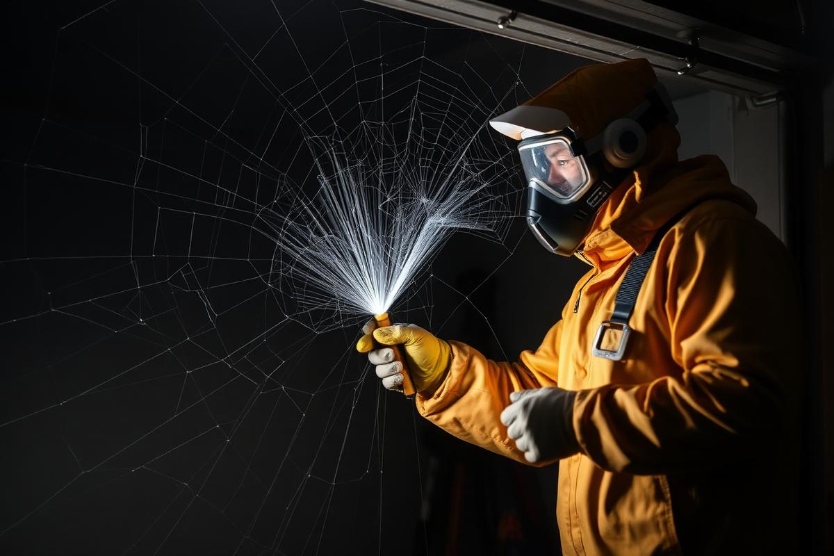 Technician treating a cobwebbed garage corner for spiders