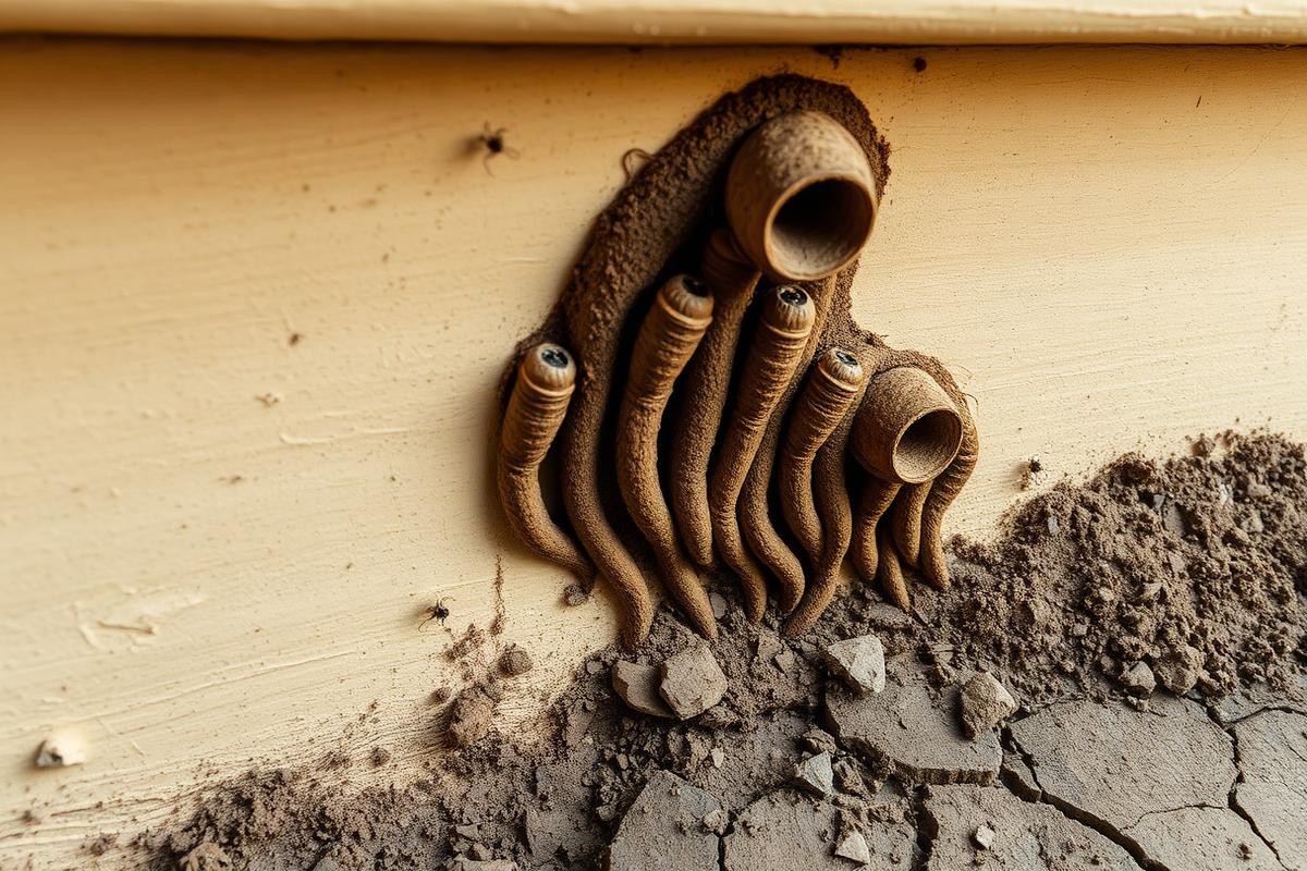 Mud tubes built by subterranean termites on a wall