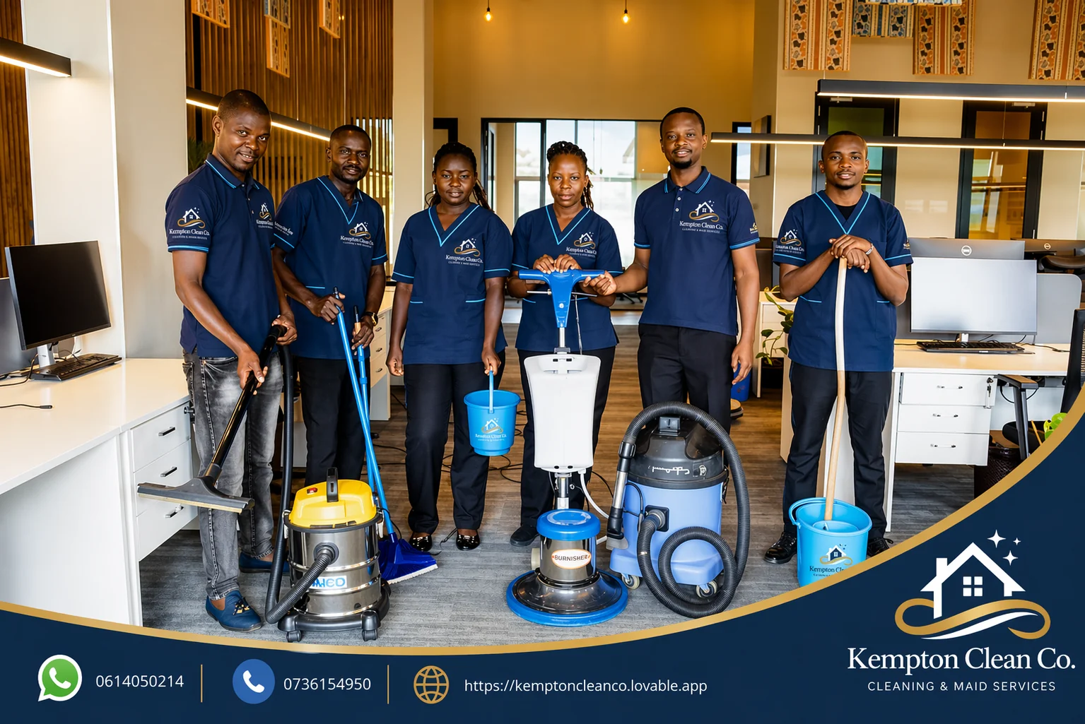 Kempton Clean Co. team in branded navy uniforms with professional cleaning equipment