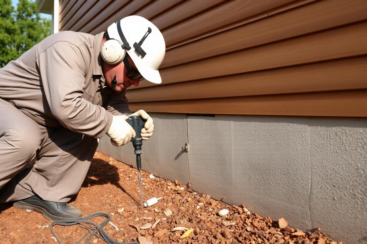 Technician injecting termiticide along a house foundation for termite control