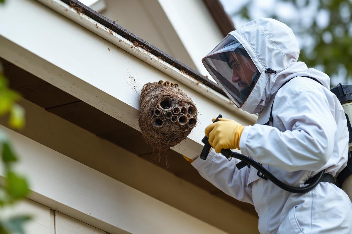 Technician in a bee suit removing a wasp nest from a roof eave
